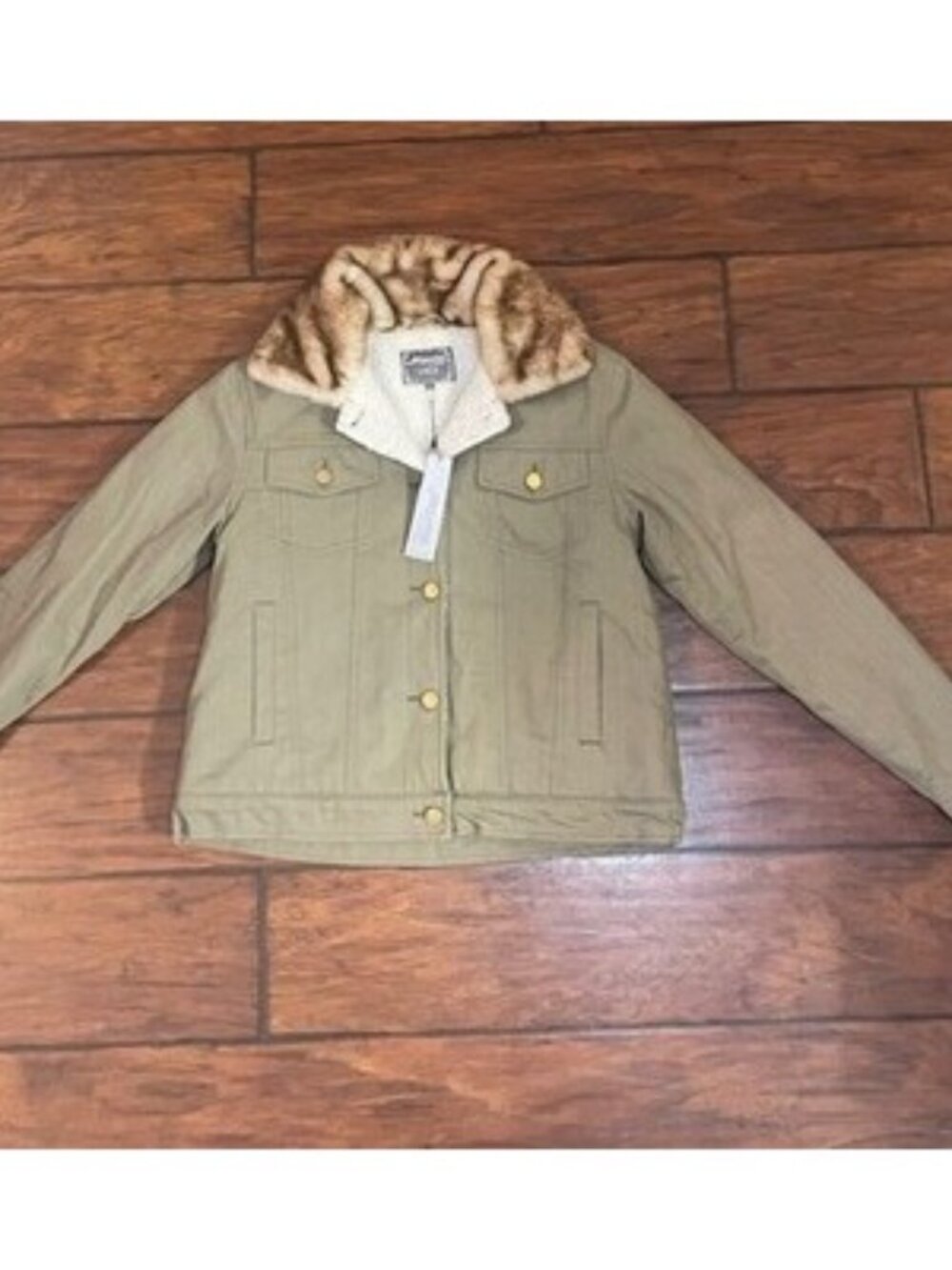 Women Sz Small Green Jean Jacket Fur Collar Y2K Retro Workwear Boho Chic Utility